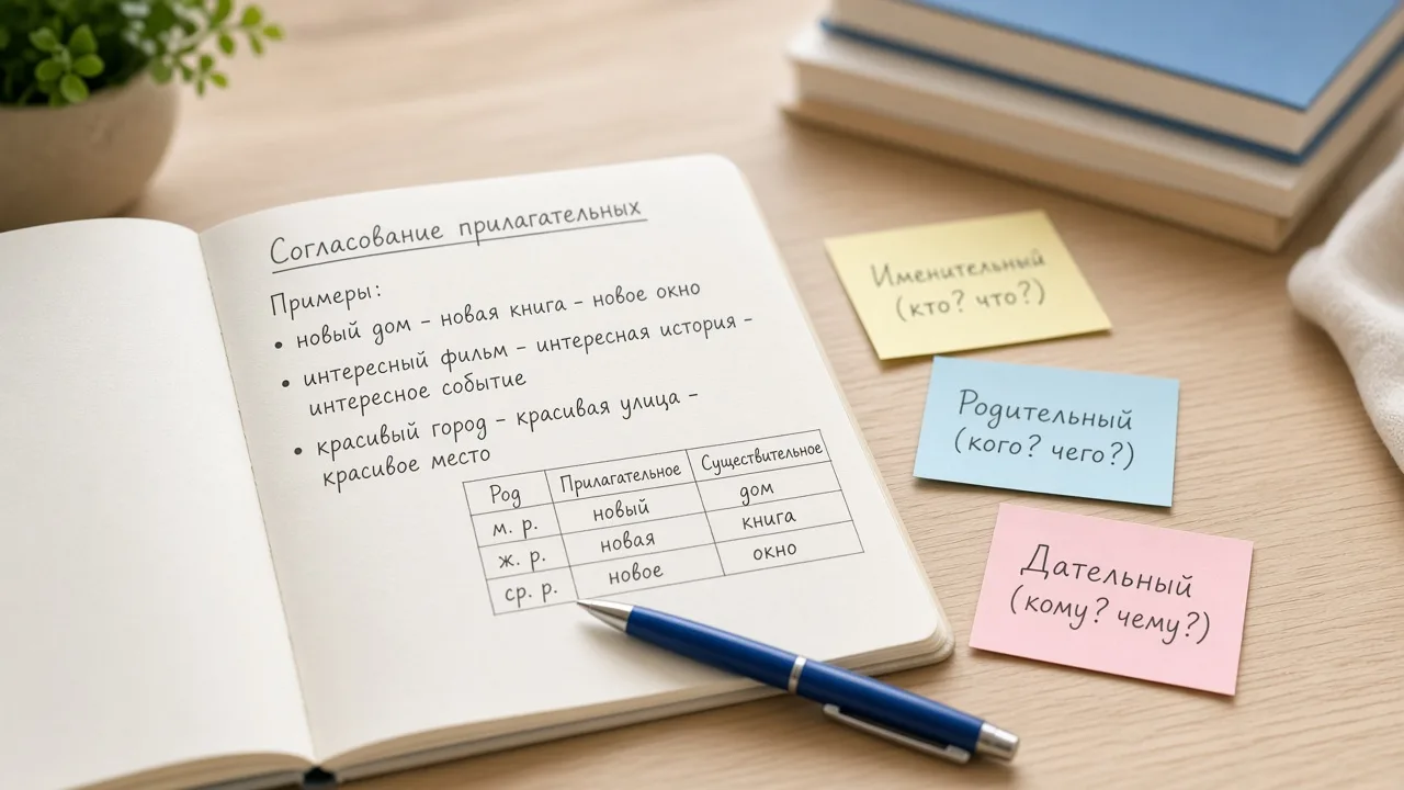 Notebook with Russian adjective agreement examples новый новая новое for case endings