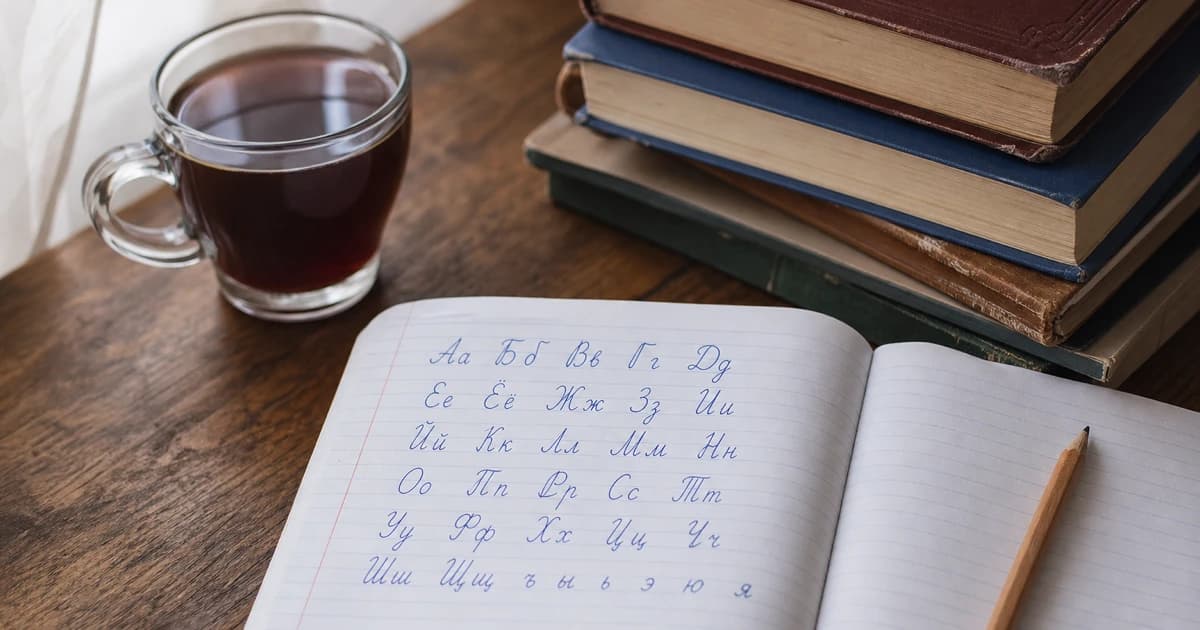 Cyrillic alphabet letters handwritten in a notebook — learning the Russian alphabet