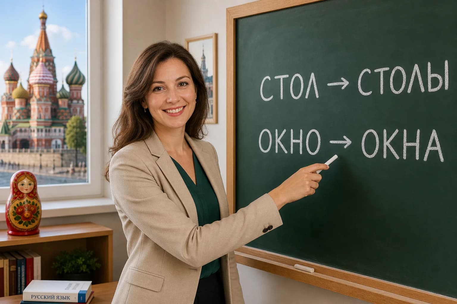 Russian teacher at a chalkboard writing the singular and plural forms СТОЛ / СТОЛЫ and ОКНО / ОКНА, with Saint Basil’s Cathedral’s colorful domes visible through the classroom window