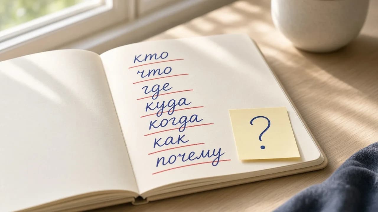 Notebook with handwritten Russian question words кто что где куда когда как почему