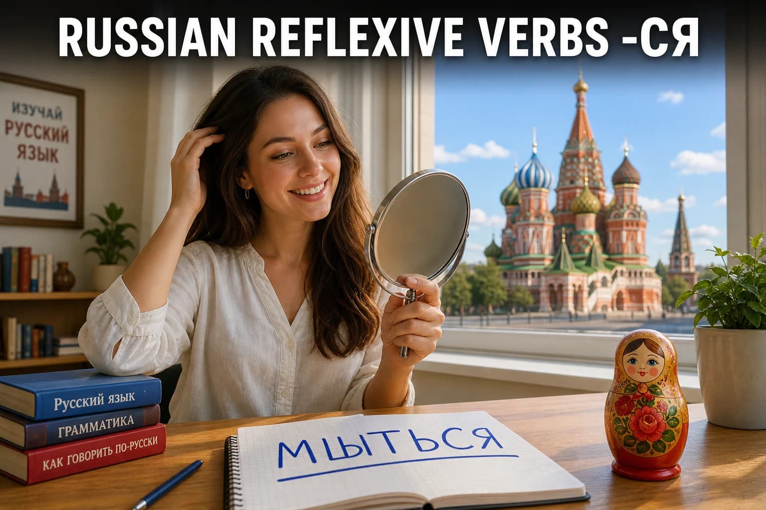 Young woman looking in a mirror while getting ready, with a notebook showing the Russian verb МЫТЬСЯ and Saint Basil’s Cathedral visible through the window
