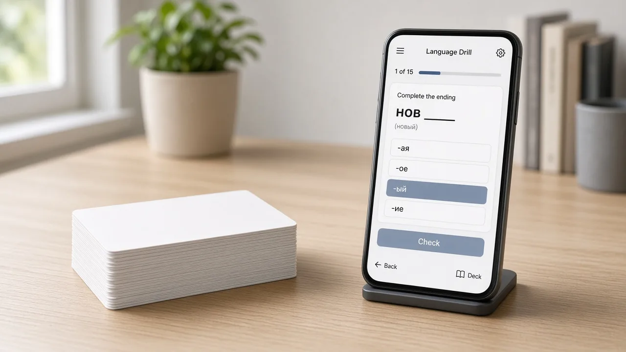 Paper flashcards next to a phone language drill app for Russian case SRS practice