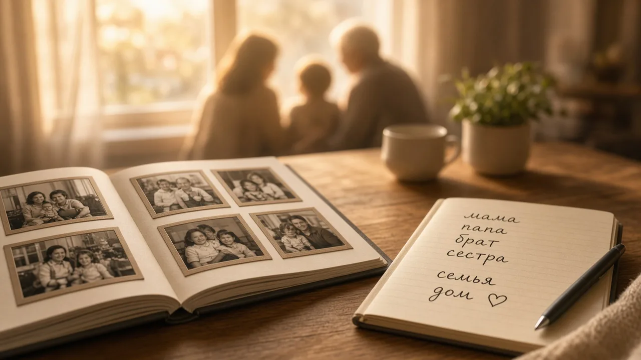 Open family photo album and notebook with Russian family words мама папа брат сестра