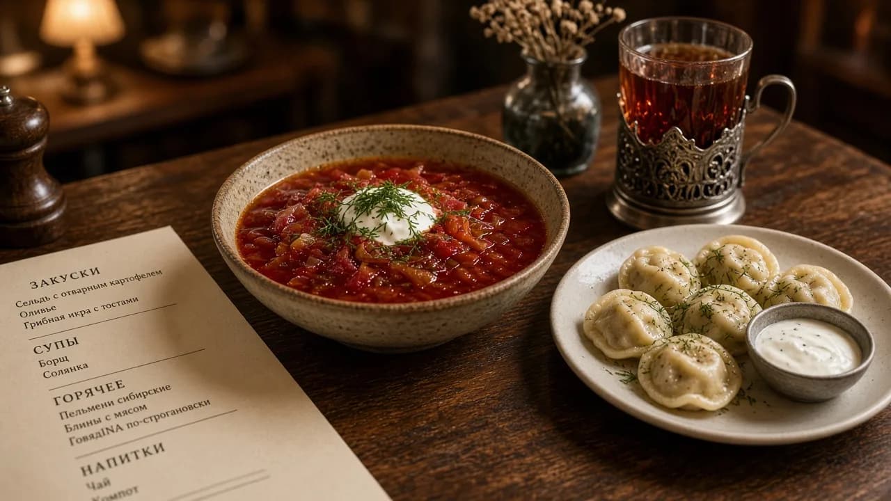 Russian cafe table with borscht, tea, and a menu for restaurant vocabulary