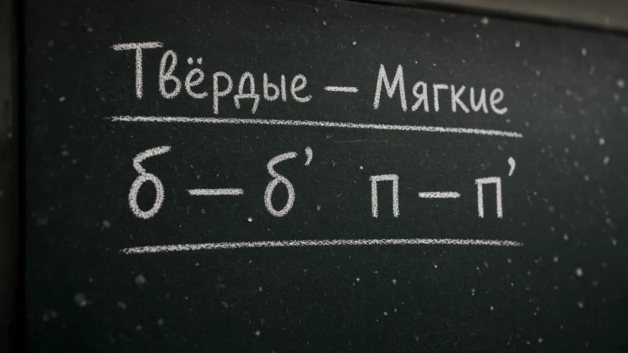 Chalkboard showing Russian hard and soft consonant pairs for pronunciation