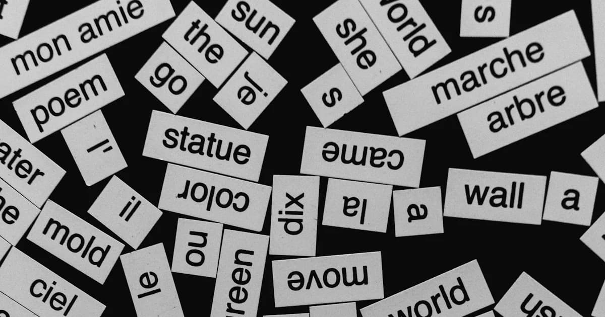 Scattered vocabulary word cards — learning the most common Russian words