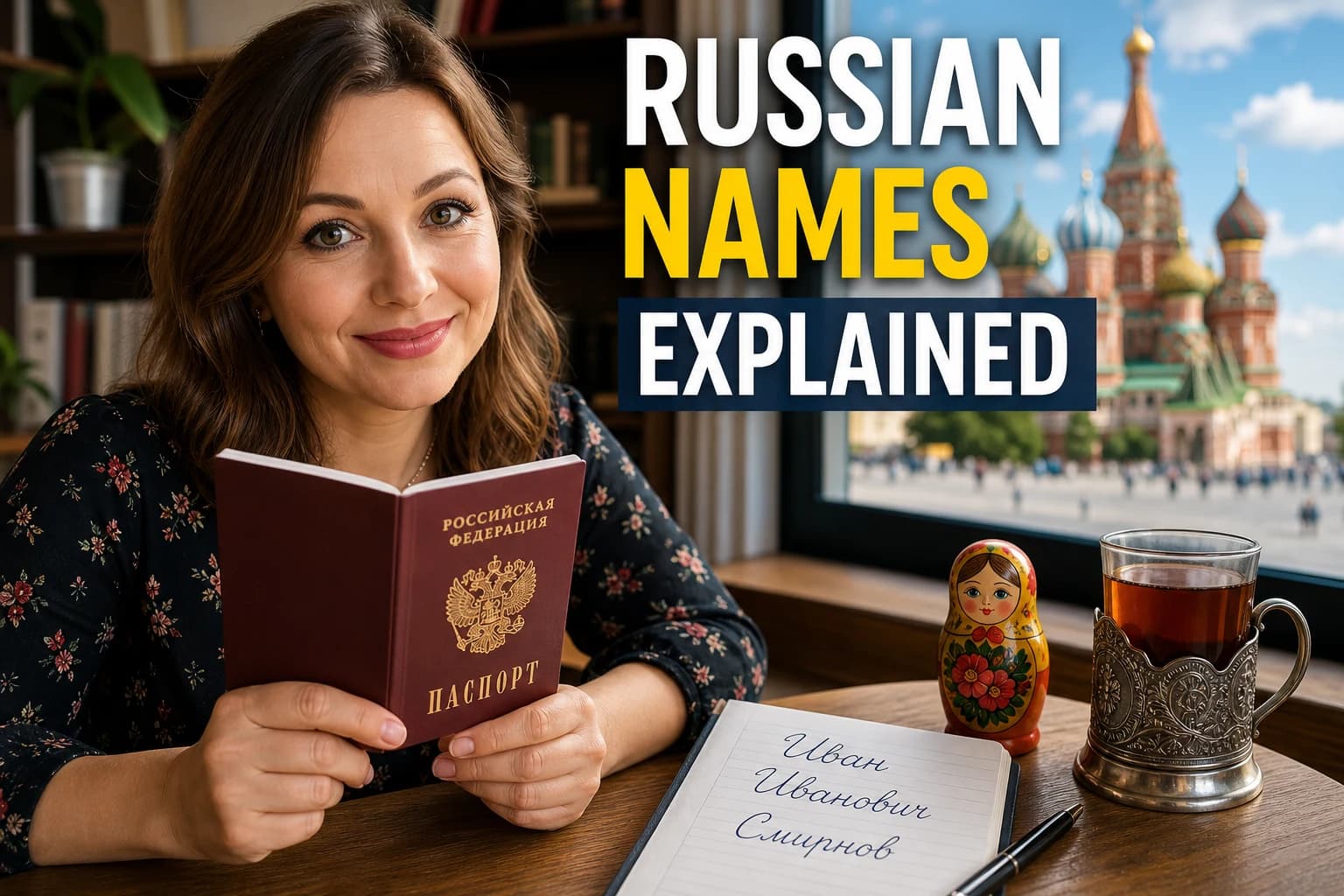 Woman holding a Russian passport next to a notebook with the name Иван Иванович Смирнов, with Saint Basil’s Cathedral in the background