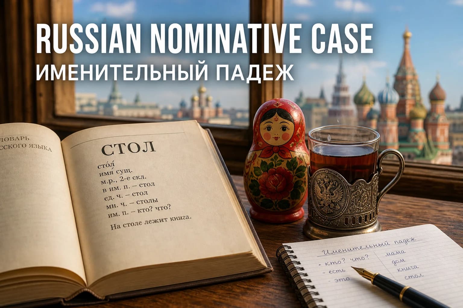 An open Russian dictionary and notebook — learning the nominative case, the base dictionary form of Russian words