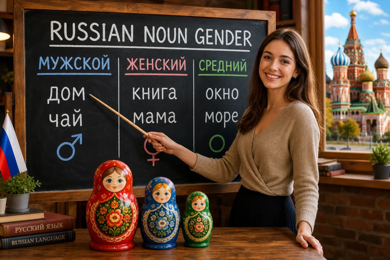 A chalkboard sorting Russian nouns into masculine, feminine, and neuter columns