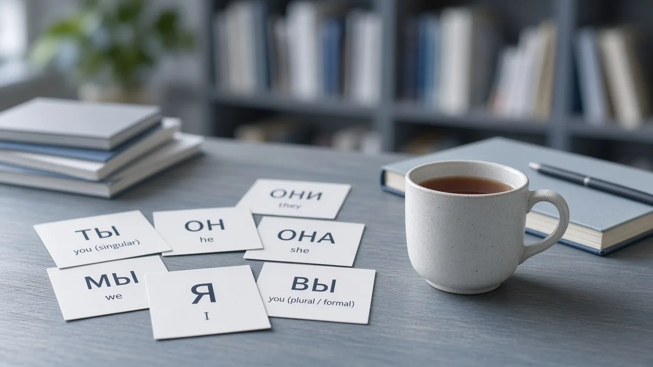 Flashcards with Russian personal pronouns я ты он она мы вы они on a study desk