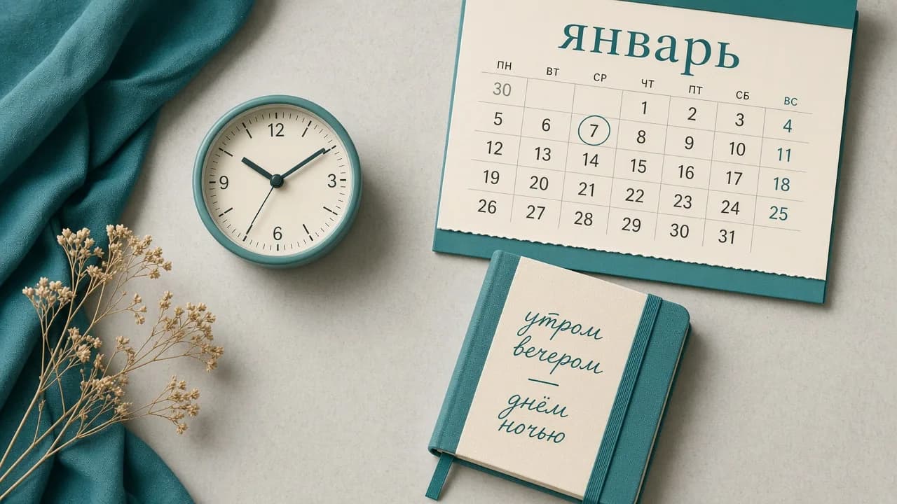 Clock, calendar, and notebook with Russian time expressions утром вечером