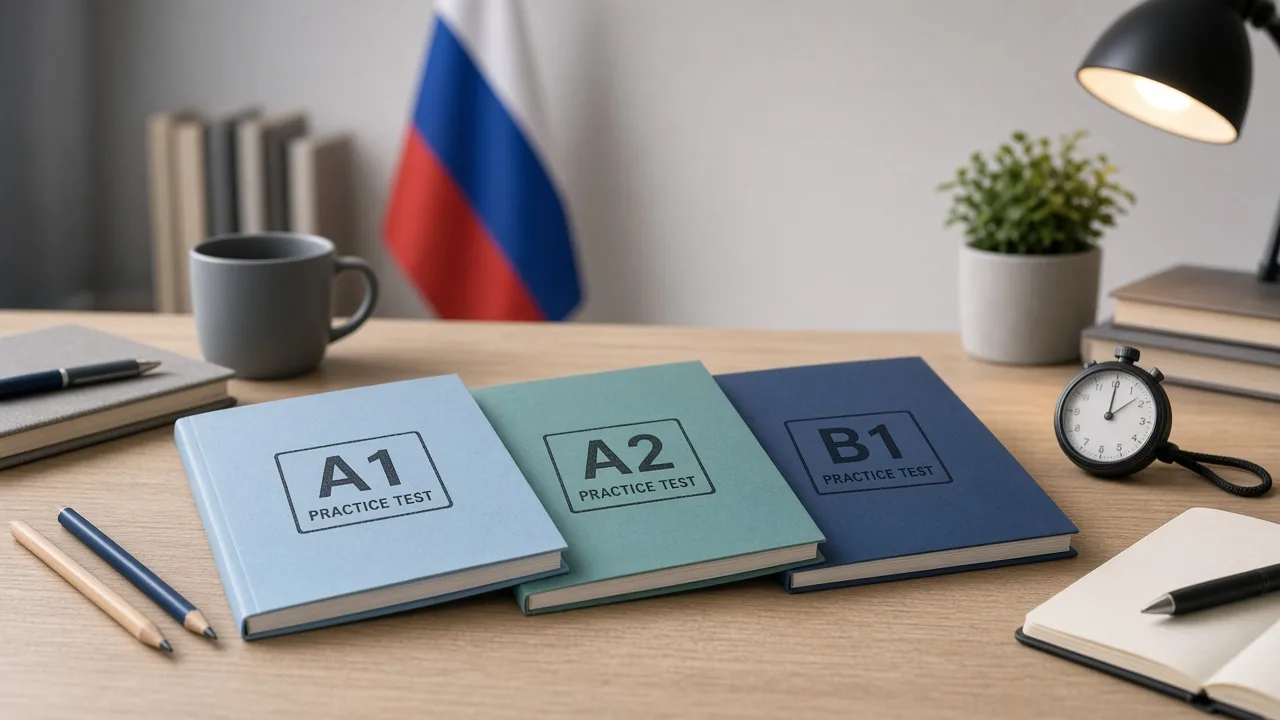 Study desk with A1 A2 B1 folders for choosing a TORFL exam level
